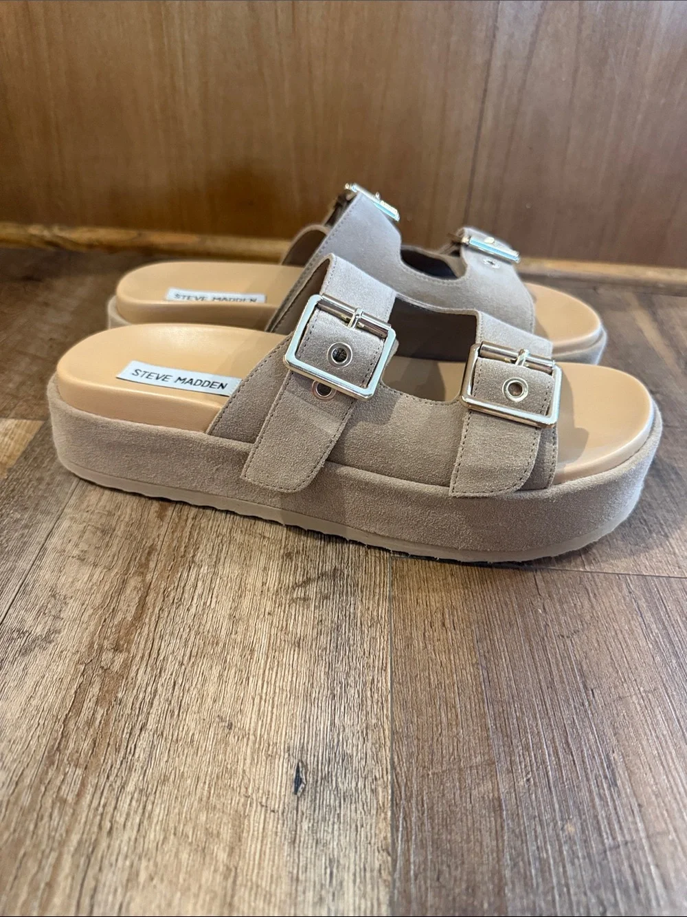 Steve Madden Taupe Suede Double-Buckle Slide Sandals